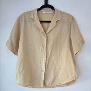 Uniqlo Linen Blend Short Sleeve Button Up Blouse Top Shirt Tan Khaki Women's M